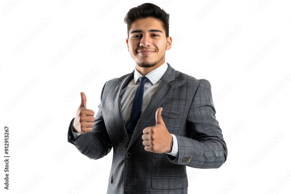 A young Hispanic businessman in a stylish suit, giving a thumbs up, white background. A young Hispanic businessman in a stylish suit, giving a thumbs up, white background.