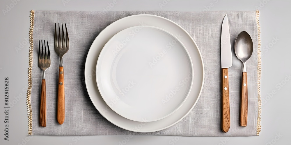 White backdrop featuring a simple place setting: plate, fork, knife, and linen napkin. Flat Lay, Minimalist White backdrop featuring a simple place setting: plate, fork, knife, and linen napkin. Flat Lay, Minimalist