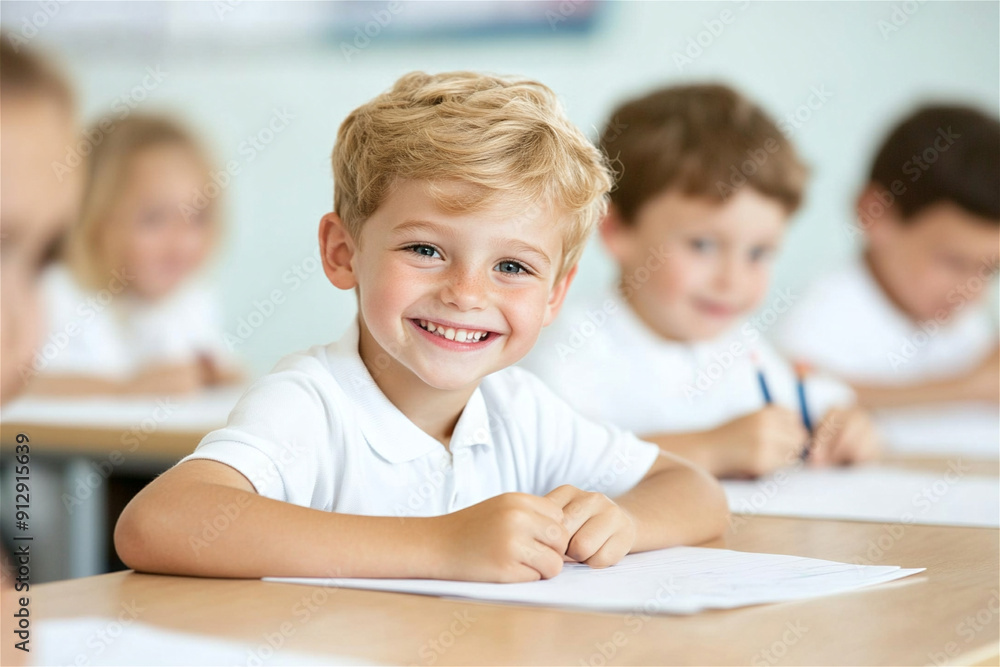 Young boy wearing a uniform smiles while sitting at his desk in an elementary school classroom Young boy wearing a uniform smiles while sitting at his desk in an elementary school classroom