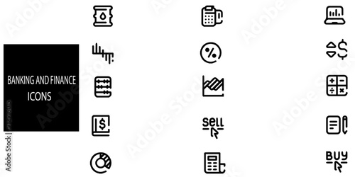 Banking and finance simple concept 15 icons set. Contains such budget, savings, expense, income, tax, loan, statement, financial management, mortgage .Vector illustration.