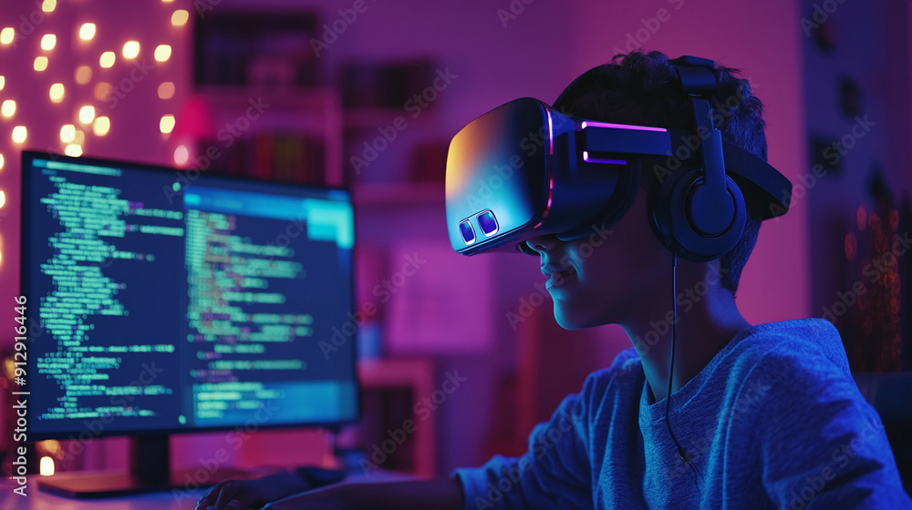 Boy with VR headset coding AI code assistants help error-check existing code and generate new code from text prompts Boy with VR headset coding AI code assistants help error-check existing code and generate new code from text prompts