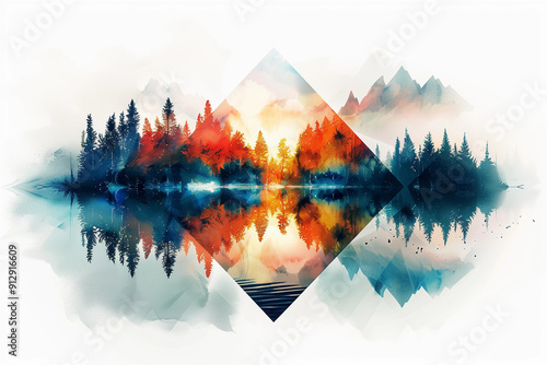 Geometric design completely inside the rhombus silhouette of a mountain landscape