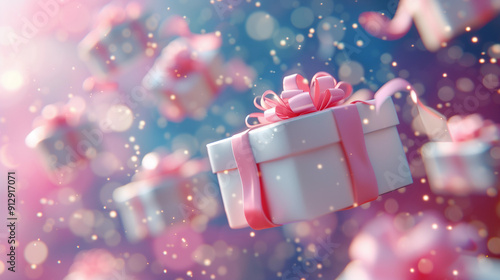 A lot of  gifts boxes with pink ribbons flying and falling in galaxy.