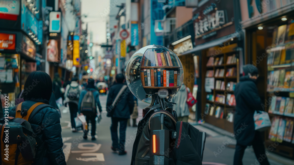 An android with a three-dimensional library head walking around the city, against the blurry background of a bookstore window An android with a three-dimensional library head walking around the city, against the blurry background of a bookstore window
