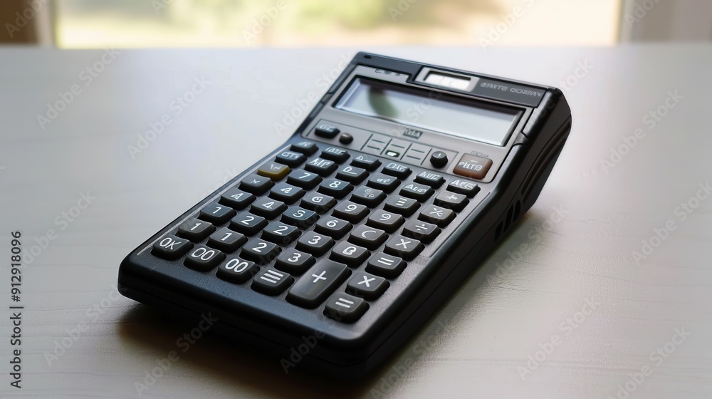 Black calculator on white table, focused and modern look. Black calculator on white table, focused and modern look.