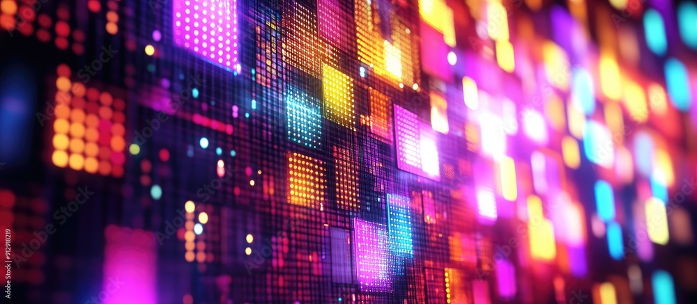 Vibrant Abstract Mosaic Background Featuring Colorful LED Squares Dynamic Digital Pixel Grid Visualization 3D Rendered Multicolored Technology Texture