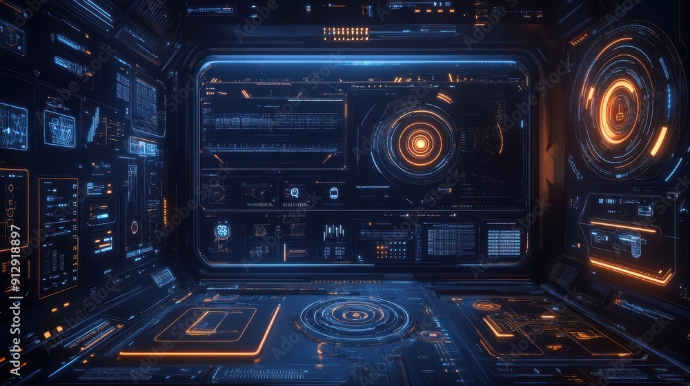 Futuristic digital UHD interface with blue and orange elements Futuristic digital UHD interface with blue and orange elements