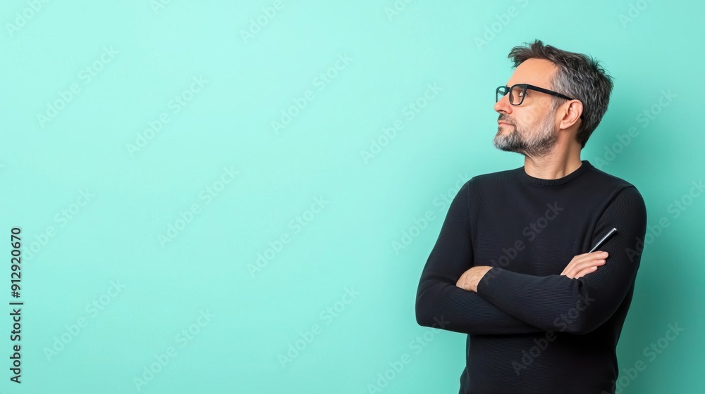 Man with arms crossed looking to the side, isolated on turquoise background. Man with arms crossed looking to the side, isolated on turquoise background.