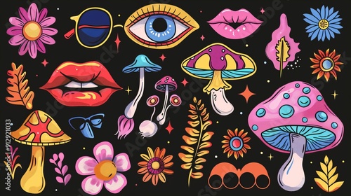 Psychedelic design with mushrooms, eyes, and floral motifs. photo