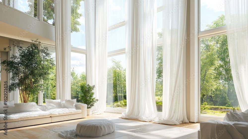 Bright and airy room with large windows and sheer white curtains Bright and airy room with large windows and sheer white curtains