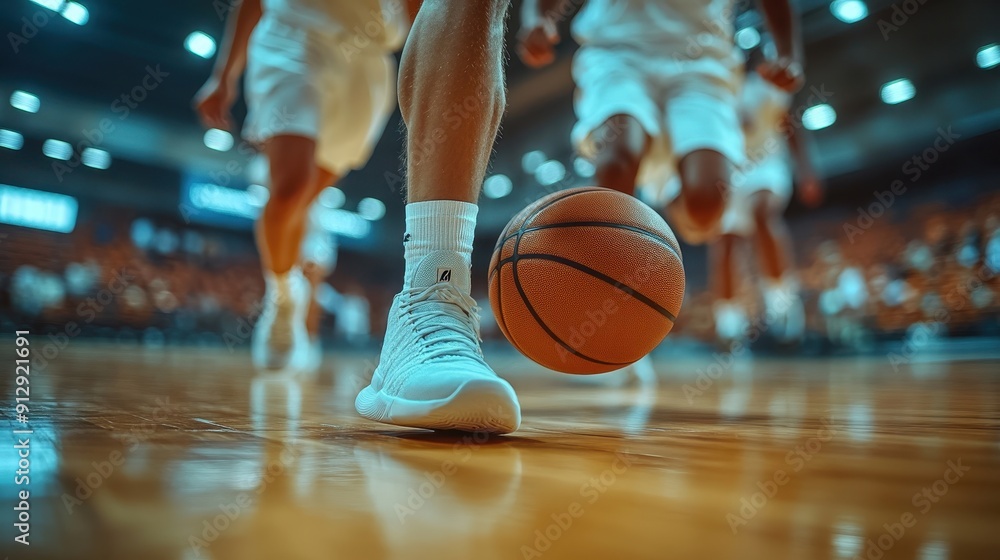 Naklejka premium Close-Up of Basketball Players Dribbling on Indoor Court - White Uniforms, Focused Expressions, High Action 