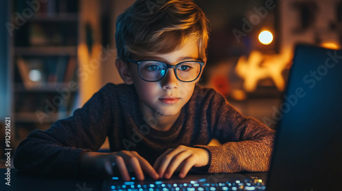 Boy typing on a keyboard AI code assistants help error-check existing code and generate new code from text prompts photo