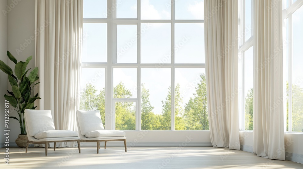Bright room with expansive windows and elegant white curtains Bright room with expansive windows and elegant white curtains