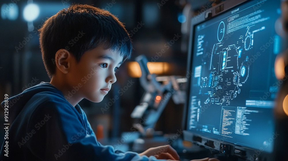 Boy with AI coding tools Generative AI is making its way into the programming world through AI code assistants Boy with AI coding tools Generative AI is making its way into the programming world through AI code assistants