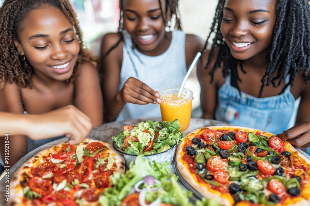 Three Afro girls enjoying pizza and salad, along with orange juice in a cafeteria Three Afro girls enjoying pizza and salad, along with orange juice in a cafeteria