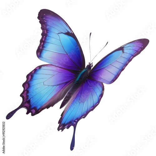 Butterfly with iridescent wings in shades of purple and blue flying upwards, set against a minimalist