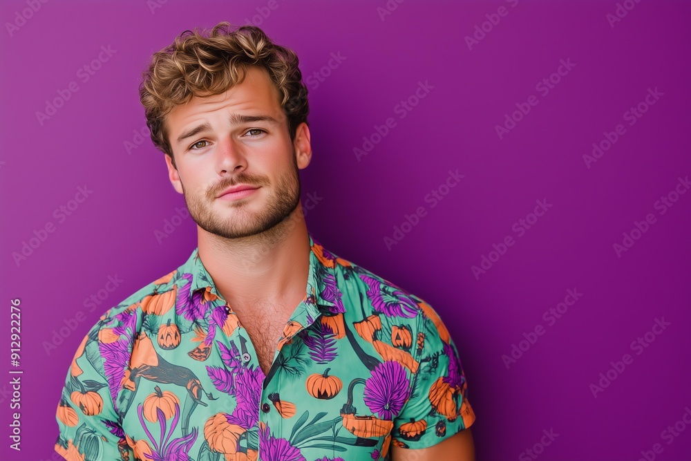 Caucasian man looking thoughtful, wearing a button up shirt with vintage style Halloween motifs, deep purple background Caucasian man looking thoughtful, wearing a button up shirt with vintage style Halloween motifs, deep purple background