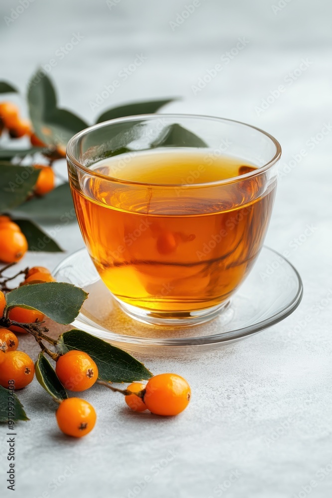 Glass of sea buckthorn tea with fresh berries Glass of sea buckthorn tea with fresh berries