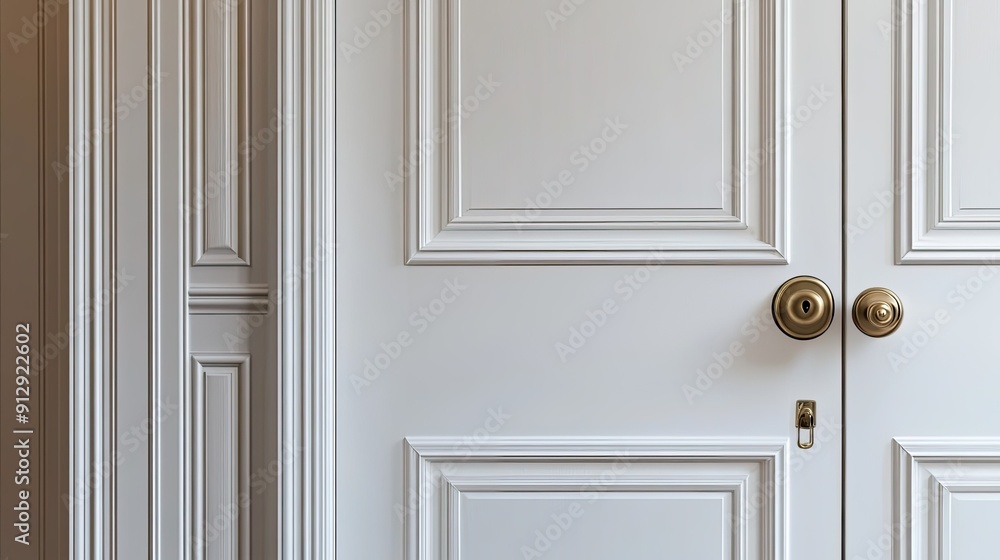 Classic door design with white paint and elegant brass handle Classic door design with white paint and elegant brass handle