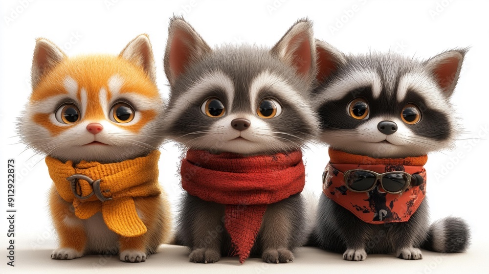 Assortment of cute animals in designer collars including cat, dog, and raccoon, isolated on transparent background, 3D illustration, Generative AI Assortment of cute animals in designer collars including cat, dog, and raccoon, isolated on transparent background, 3D illustration, Generative AI