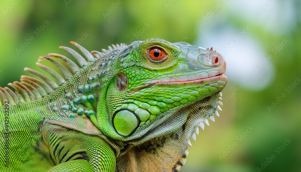 Iguana face. Green color body and red eyes. Animal and zoo. Exotic creature. Natural backdrop. Iguana face. Green color body and red eyes. Animal and zoo. Exotic creature. Natural backdrop.