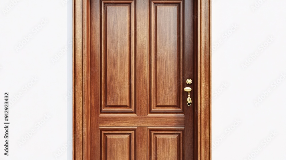 Classic wooden door with a polished brass handle and white background Classic wooden door with a polished brass handle and white background