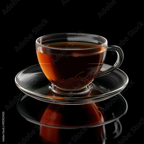 Glass cup of tea with saffron tea bag.