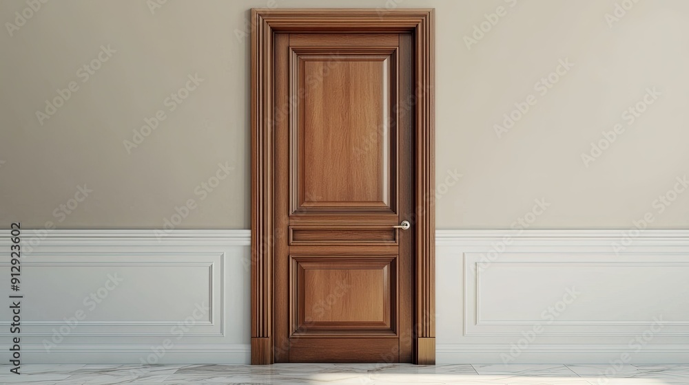 Classic wooden door with polished finish and neutral backdrop Classic wooden door with polished finish and neutral backdrop