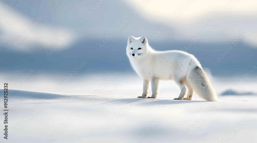 © K-MookPan - Arctic fox in pristine white winter coat, snowy landscape.
