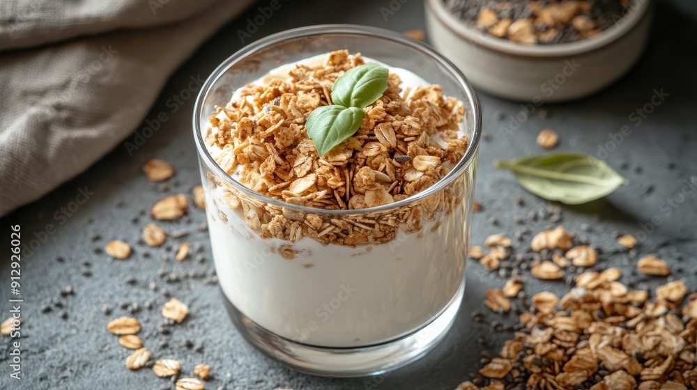 Greek yogurt topped with granola and seeds in a glass cup. Greek yogurt topped with granola and seeds in a glass cup.
