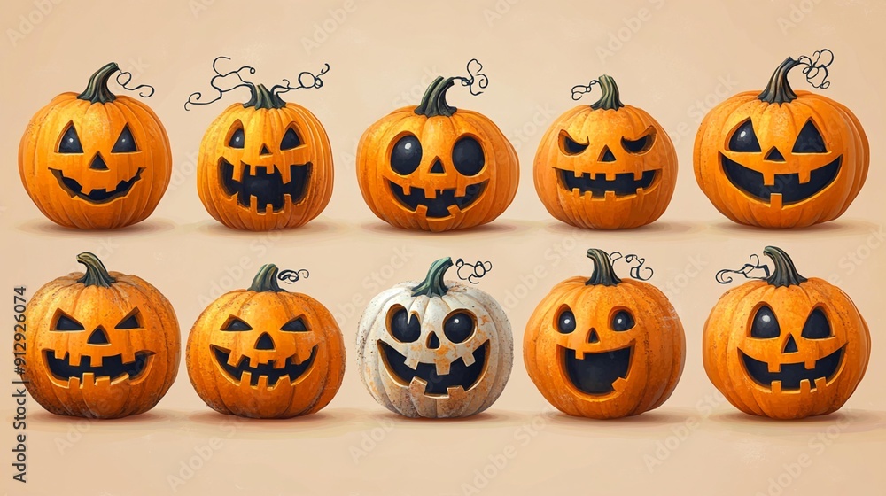 Collection of orange pumpkin face expressions, perfect for Halloween decorations, isolated on transparent background, Generative AI Collection of orange pumpkin face expressions, perfect for Halloween decorations, isolated on transparent background, Generative AI