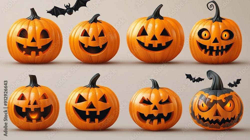 Assortment of Halloween pumpkin face expressions in vibrant orange, isolated on transparent background, Generative AI Assortment of Halloween pumpkin face expressions in vibrant orange, isolated on transparent background, Generative AI