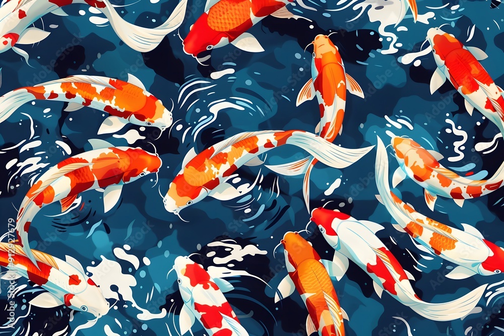 A close-up view of a school of colorful Koi fish swimming in a pond. The fish are orange, red, and white with black markings. They are swimming in a clear blue pond with ripples and bubbles. A close-up view of a school of colorful Koi fish swimming in a pond. The fish are orange, red, and white with black markings. They are swimming in a clear blue pond with ripples and bubbles.