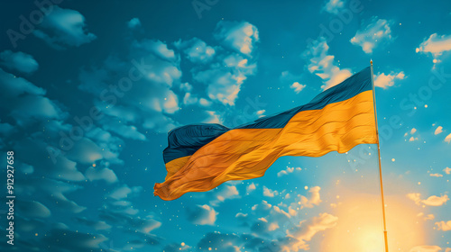 Ukrainian flag, sky background, banner copy space, blue and yellow. Day of the National Flag, Unity, Constitution, Statehood, Independence, Defenders and Defendresses, Armed Forces Ukraine photo