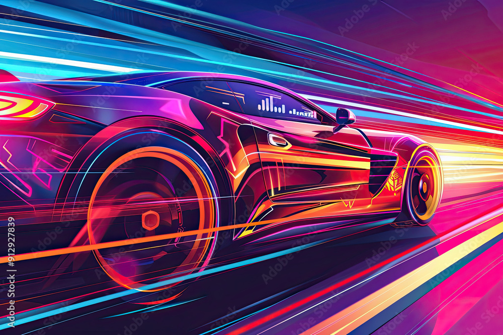 Trendy illustration of a high-speed car in motion with neon trails and vibrant colors Trendy illustration of a high-speed car in motion with neon trails and vibrant colors