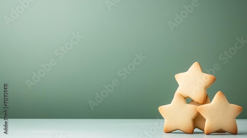 Christmas cookies shaped like stars and trees, green background.