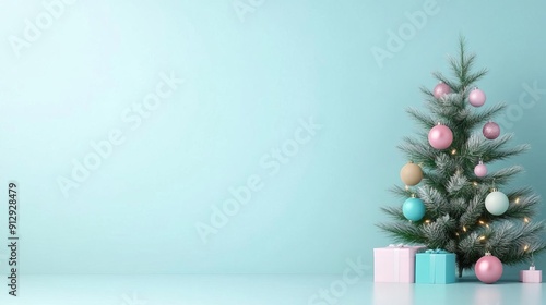 Wallpaper Mural Minimalist Christmas tree with pastel ornaments and gifts against a blue background. Torontodigital.ca