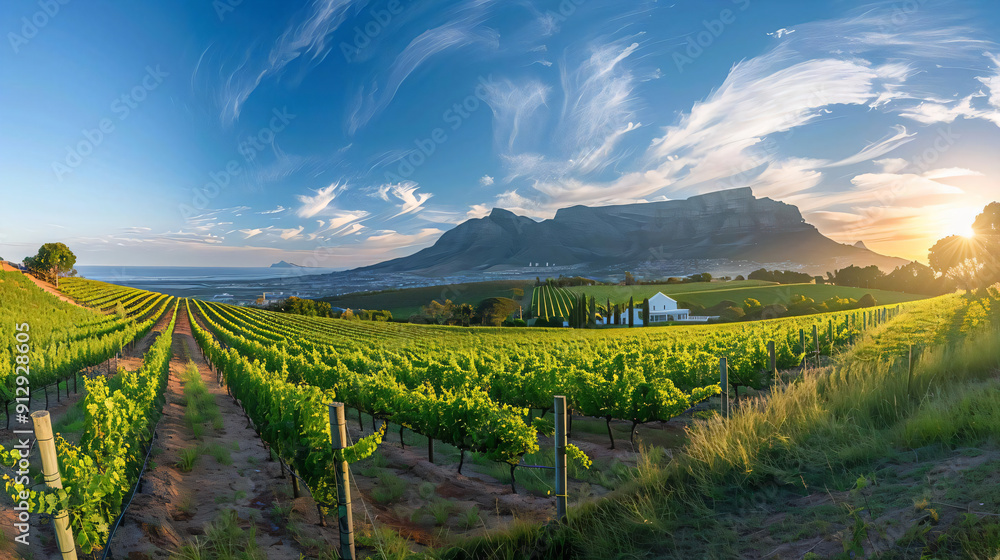 Fototapeta premium Vineyard Landscape with Table Mountain in the Background.