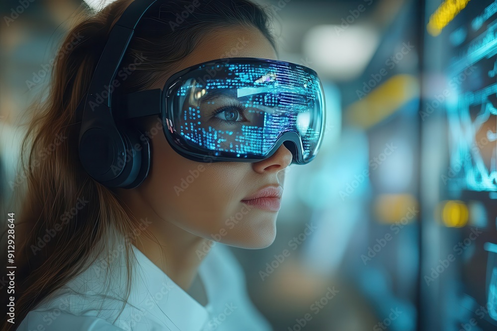 confident female doctor in modern hospital setting using augmented reality technology to analyze patient data futuristic medical devices in background confident female doctor in modern hospital setting using augmented reality technology to analyze patient data futuristic medical devices in background