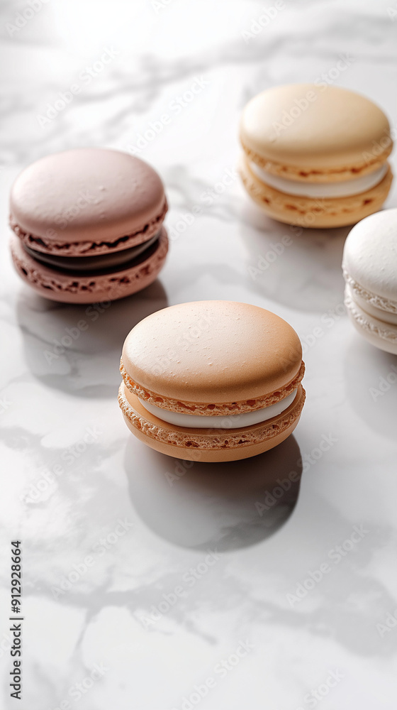 Obraz premium Elegant Assortment of Neutral-Toned Macarons on a Marble Surface. AI-generated