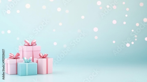 Stack of pink and blue wrapped gifts with white confetti on a light blue background.