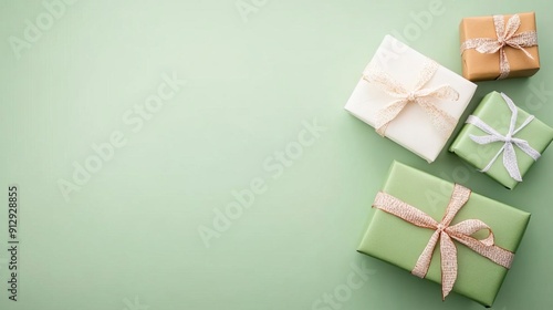 Three gifts wrapped in beige and green paper with white ribbons on a green background.