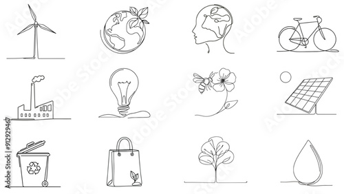 Set of eco-friendly icons featuring green energy, recycling, and nature conservation for environmental themes