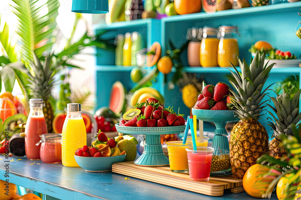 Smoothie bar with fresh fruits and colorful drinks Smoothie bar with fresh fruits and colorful drinks