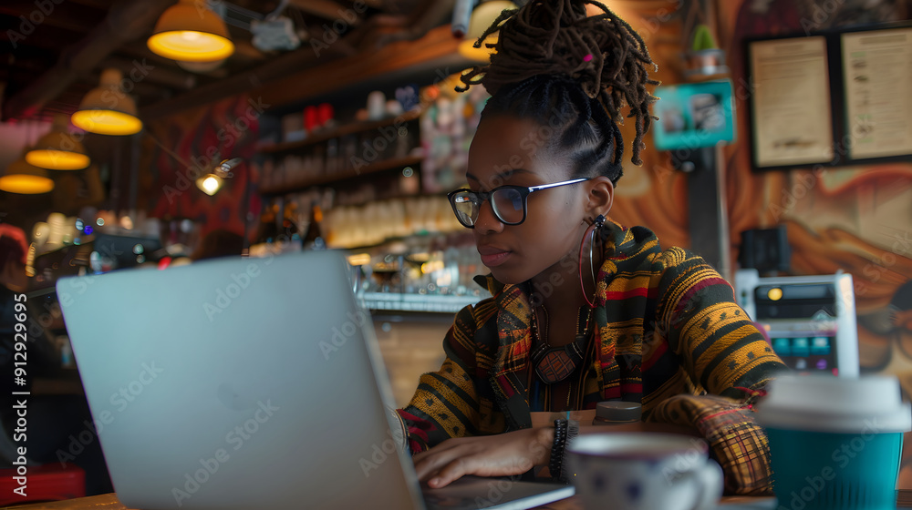African American woman using laptop in coffee shop African American woman using laptop in coffee shop