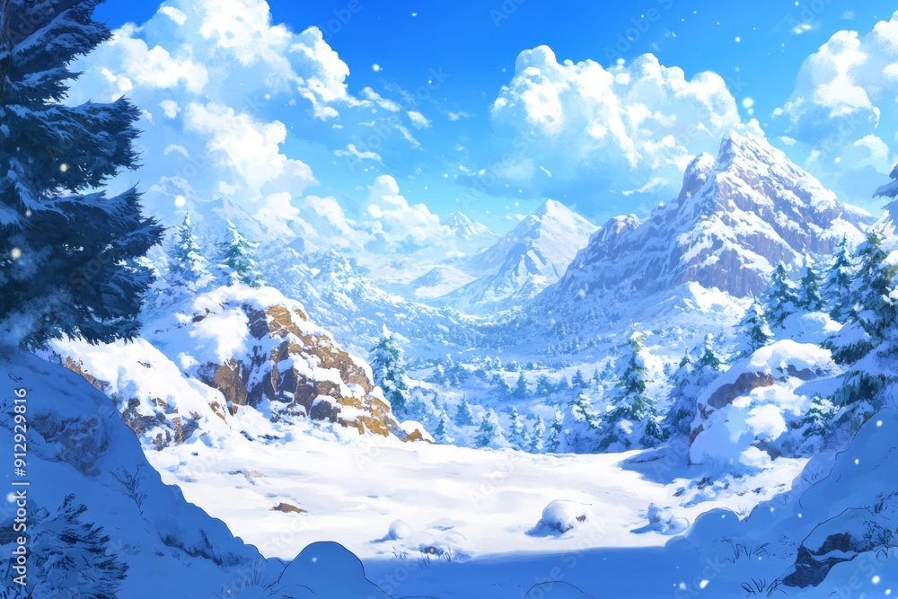 Obraz premium Enchanted Frost Wonderland with Animated Snowscapes and Magical Snowflakes - Ideal for Game Concept Art, Storybook Illustrations, and Immersive Storytelling