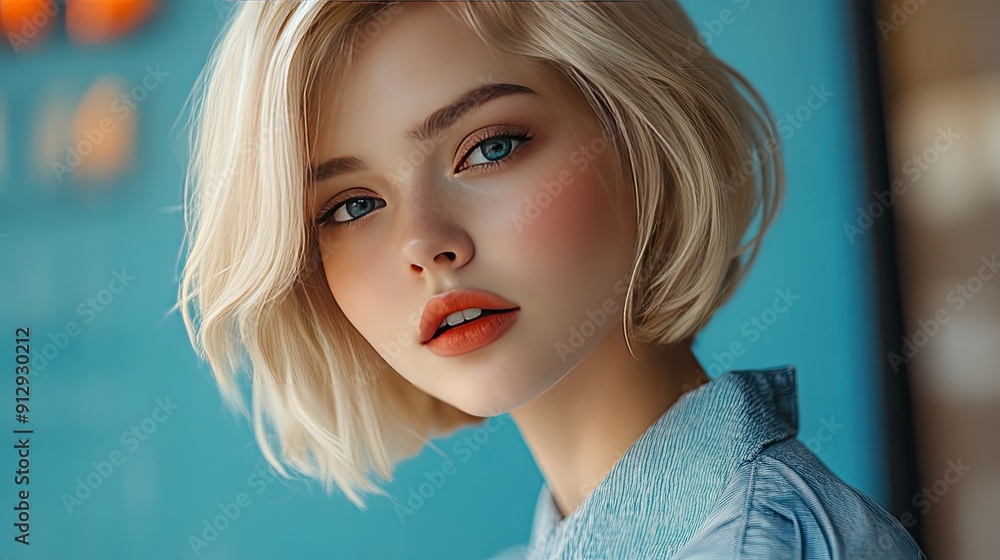 Fashionable model with a chic blonde bob hairstyle, showcasing beauty and cosmetic trends in a high-fashion photo shoot Fashionable model with a chic blonde bob hairstyle, showcasing beauty and cosmetic trends in a high-fashion photo shoot