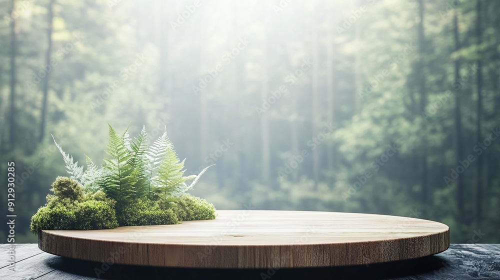 Natural Product Display on a Wood Podium Surrounded by a Blurred Tropical Forest with Green Leaves, Featuring a Jungle Paradise Concept Natural Product Display on a Wood Podium Surrounded by a Blurred Tropical Forest with Green Leaves, Featuring a Jungle Paradise Concept