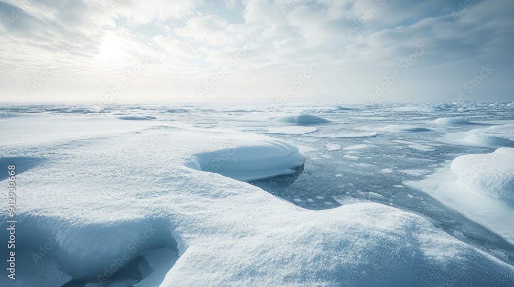 Obraz premium The frozen beauty of an arctic ice field, with snow-covered ice stretching as far as the eye can see