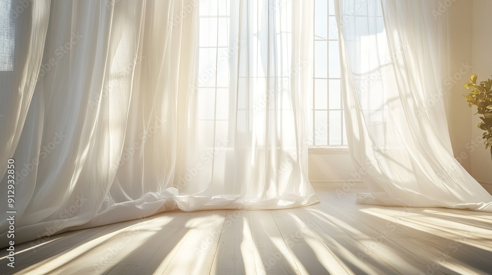 Light streaming through white curtains in a bright, airy room Light streaming through white curtains in a bright, airy room